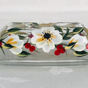 Butter dish,white flowers , hand painted,gift idea