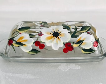 Butter dish, covered butter dish, hand painted, white floral butter dish, gift