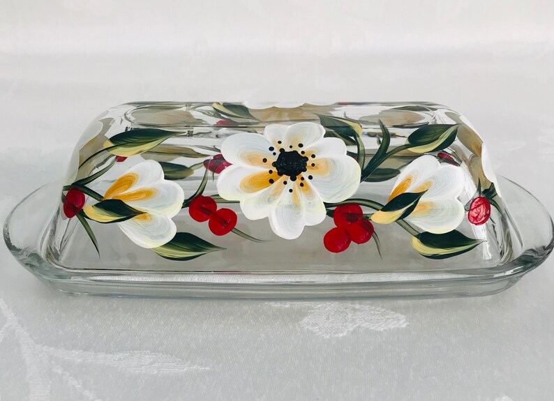 Butter dish butter dish with lid white flower butter dish Etsy