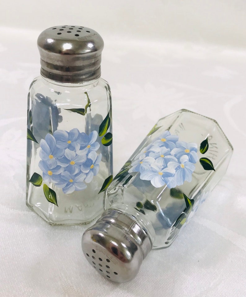 Salt and pepper, shakers,hand painted, blue hydrangeas, gift image 8