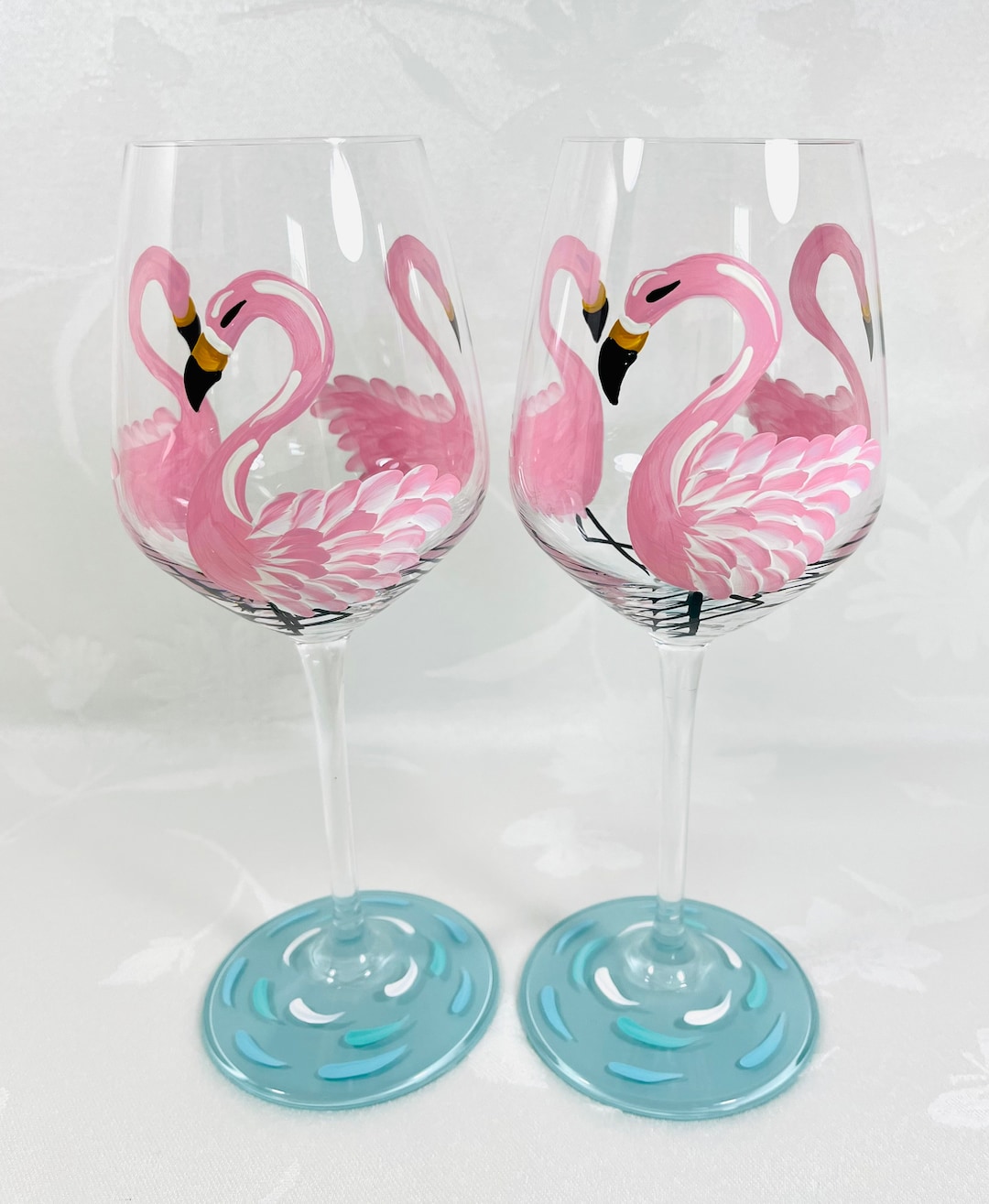 Flamingo Wine Glasses Hand Paintedpink Flamingos Wine Etsy