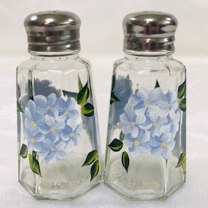 Salt and pepper, shakers,hand painted, blue hydrangeas, gift image 1