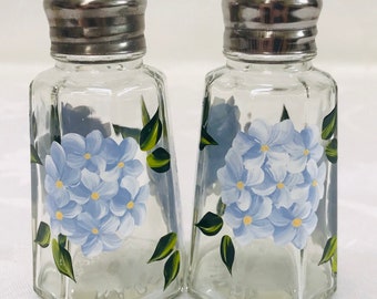 Salt and pepper, shakers,hand painted, blue hydrangeas, gift