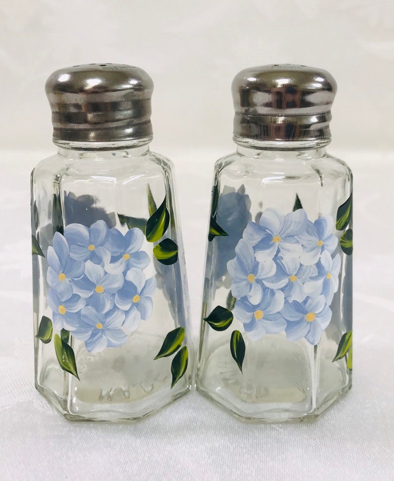 Salt and pepper, shakers,hand painted, blue hydrangeas, gift image 1