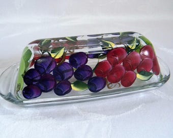 Butter dish, covered butter dish, glass butter dish, hand painted, grapes, gift