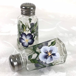 Salt and pepper set,purple/white flowers,hand painted, gift idea