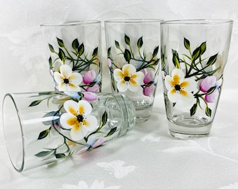 Beverage glasses, spring flowers, hand painted, gift idea