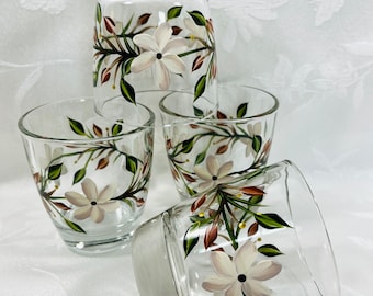 Juice glasses, drinking glasses, hand painted, cocktail glasses, ivory flowers, gift