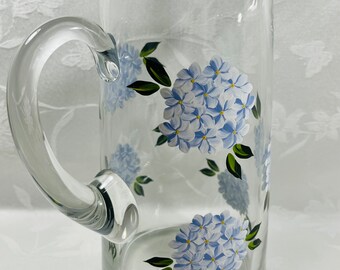 Glass pitcher, water pitcher, serving pitcher, hand painted, blue hydrangeas, gift