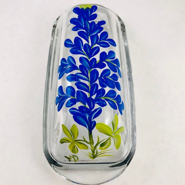 Butter dish,glass butter dish, covered butter dish, hand painted, blue bonnets, gift