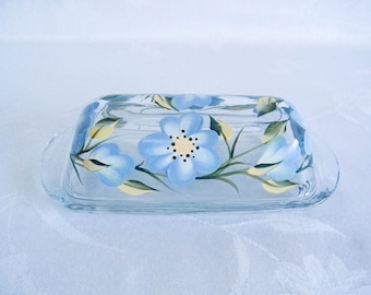Butter dish, covered butter dish, glass butter dish, butter dish with lid, blue flowers, floral butter dish