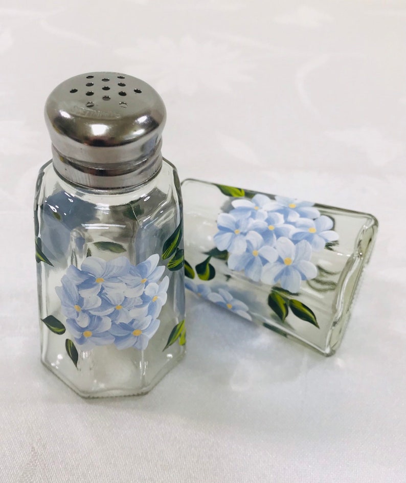 Salt and pepper, shakers,hand painted, blue hydrangeas, gift image 2