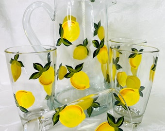 Beverage glasses, water pitcher, hand painted, lemons, beverage set, gift