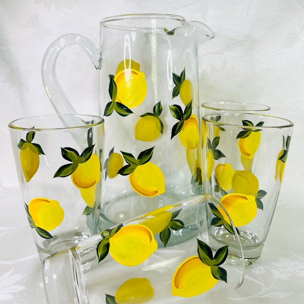 Beverage glasses, water pitcher, hand painted, lemons, beverage set, gift