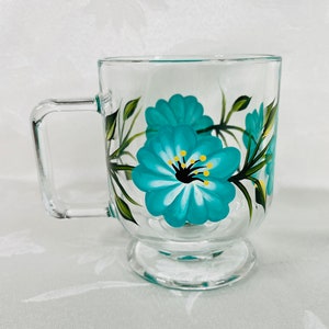 Glass mug,turquoise flowers,hand painted,gift idea