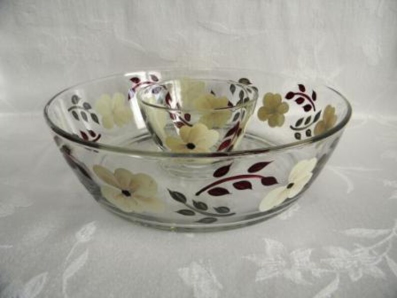large chip and dip set ivory flowers Chip and dip set,painted serving bowl