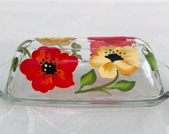 Butter dish, covered butter dish, glass butter dish, hand painted, poppies, gift