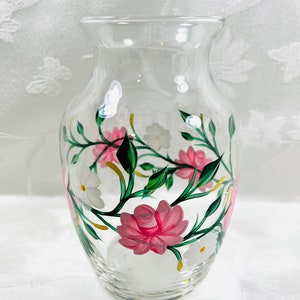 Vase, pink and white flowers, hand painted, gift idea