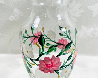 Vase pink flowers, hand painted, gift idea