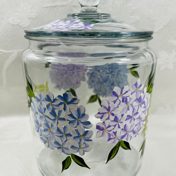 Cookie jar, hand painted, large cookie jar, blue hydrangeas,gift