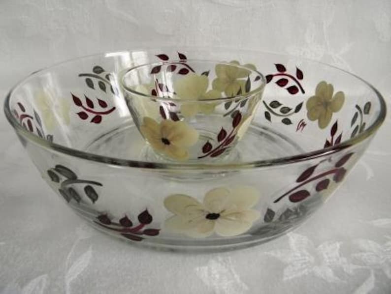 large chip and dip set ivory flowers Chip and dip set,painted serving bowl