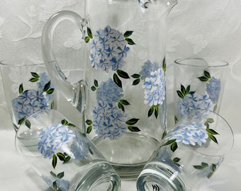 Beverage glasses, water Pitcher and beverage glasses set, glass pitcher, hand painted, blue hydrangeas, gift