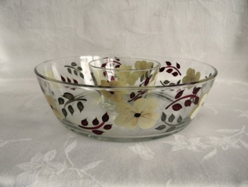 large chip and dip set ivory flowers Chip and dip set,painted serving bowl