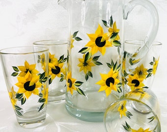 Drinking glasses, hand painted, glass pitcher, glasses, water pitcher, sunflower glasses and pitcher set, gift
