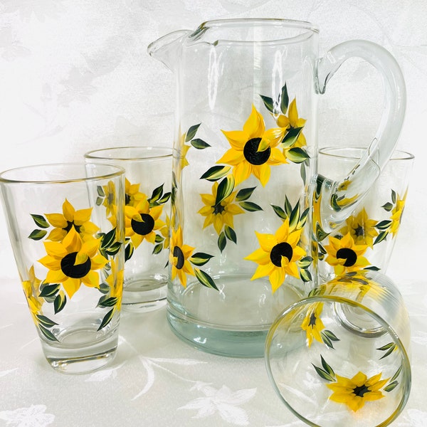 Drinking glasses, hand painted, glass pitcher, glasses, water pitcher, sunflower glasses and pitcher set, gift