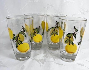 Hand Painted Lemon Glasses, Citrus Kitchen Decor, Set of 4