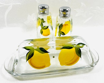 Butter dish, salt and pepper, shakers, lemons, hand painted, gift