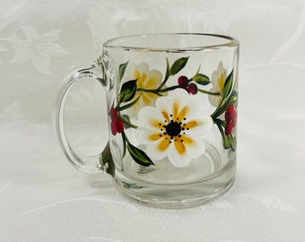 Mug, white flowers, red berries, hand painted, gift idea