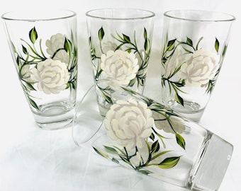 Beverage glasses, drinking glasses, hand painted, water glasses, ivory floral,gift