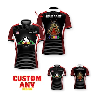 May include: Black and red polo shirts with a snooker theme. The front of the shirt features a logo with the word "Snooker" and a silhouette. The back of the shirt has a design of snooker balls and cues. The text "Custom Any Design" is at the bottom.