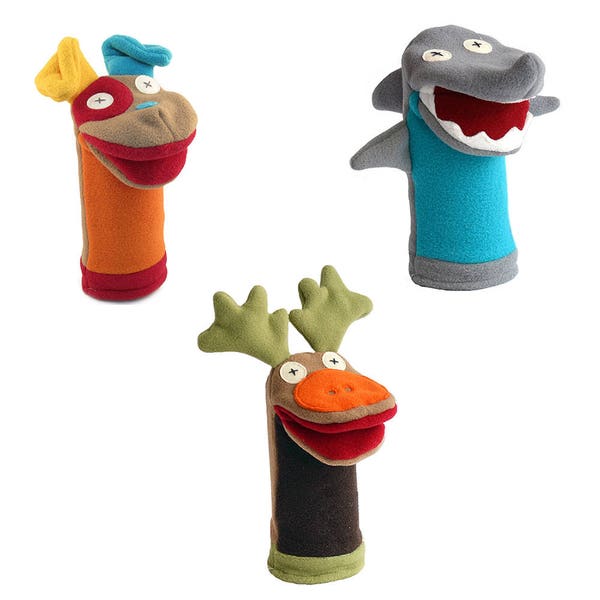 Dog, Shark, Moose Puppets, Safe For All Ages (Newborn+), Movable Mouths, Handmade in Canada, No Border Charges to USA or Canada  (Set of 3)