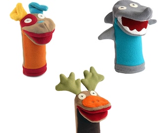 Dog, Shark, Moose Puppets, Safe For All Ages (Newborn+), Movable Mouths, Handmade in Canada, No Border Charges to USA or Canada  (Set of 3)