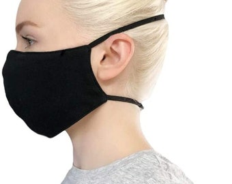 Over The Head Black Face Masks For Adults 100% Organic Cotton - Made in Canada - Best For Hearing Aids, Secures Around Head and Neck