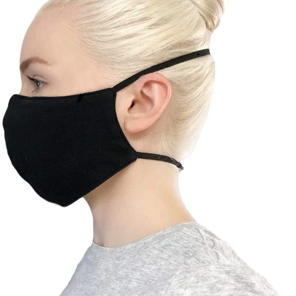 Over The Head Black Face Masks For Adults 100% Organic Cotton - Made in Canada - Best For Hearing Aids, Secures Around Head and Neck