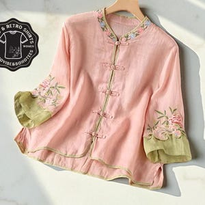 Embroidered Floral Blouse: Retro A-Line Shirt with Frog Closure