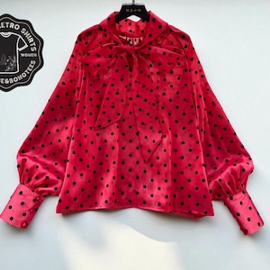 Polka Dot Puff Blouse | Bow Tie Neck Top | Long Sleeve Elegant Shirt | Classic Office Wear | Temperament Gauze Loose Outfit