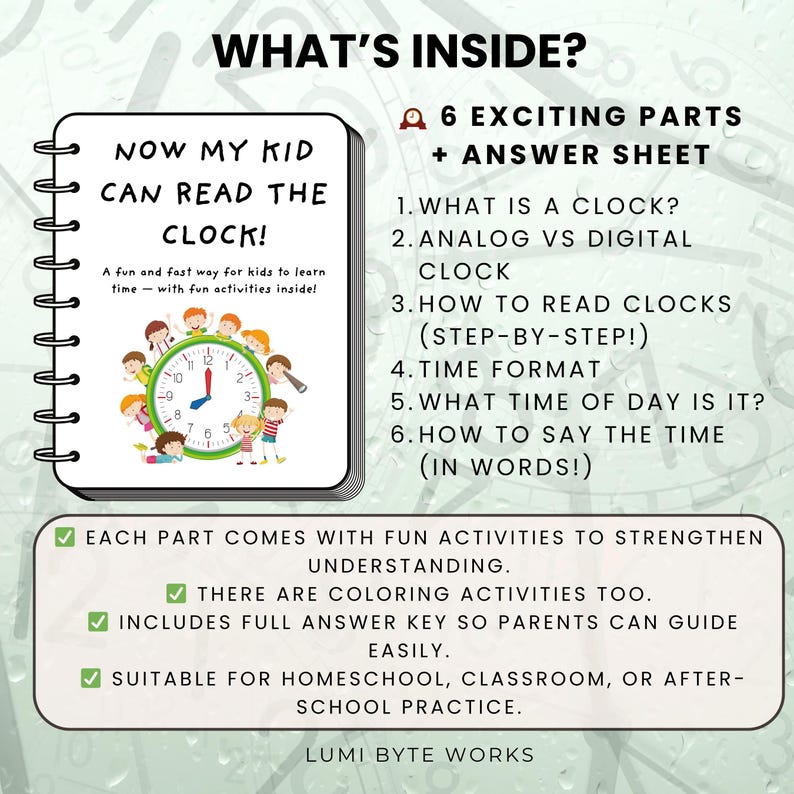 Time-telling Workbook for Kids: Analog & Digital Clocks (printable PDF ...