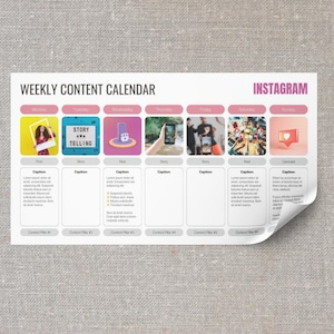 Puede incluir: Un calendario de contenido semanal para Instagram con un diseño rosa y blanco. El calendario incluye una cuadrícula con los días de la semana, ideas de contenido y leyendas. Las ideas de contenido incluyen una publicación, una historia, un carrete y un carrusel.