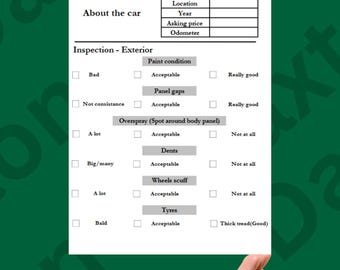 May include: A checklist for used car buyers. The checklist includes sections for the car's brand, location, year, asking price, odometer, and inspection of the exterior. The exterior inspection includes categories for paint condition, panel gaps, overspray, dents, wheels scuff, and tires.