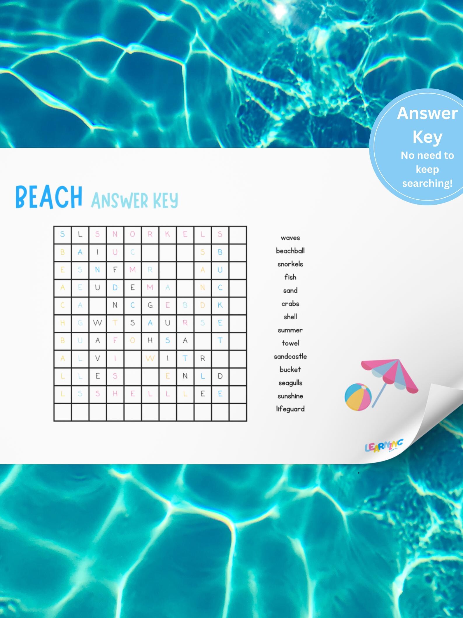 Beach Word Search Game Printable, Summer Party Game, Word Search Puzzle