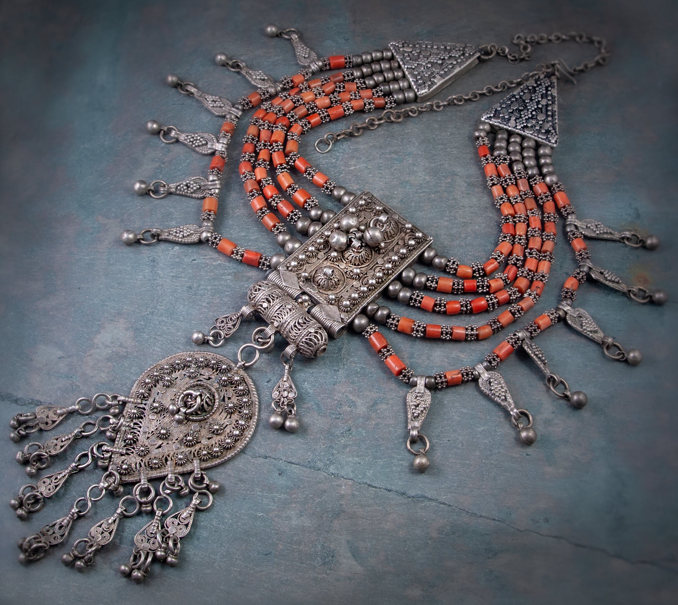 Antique Vintage Yemeni Tribal Silver and Coral Bib Statement Necklace