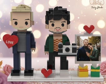 Custom Mini Brick Couple Figurine with Photo Display Frame, Personalized Couple Gift