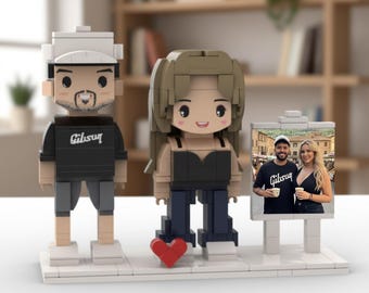 Personalized Brick Couple Figurines with Photo Display Frame - Anniversary gift, Valentine’s Day Gift