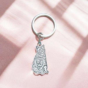 Engraved Pet Portrait Keychain: Stainless Steel Dog/Cat Memorial Gift