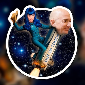 May include: A woman in a blue jumpsuit and a cowboy hat rides a rocket with the words "Out of Touch" written on the side. The rocket is flying through a starry sky.