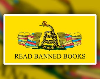 Read Banned Books Sticker – Don’t Tread on Me Parody with Snake in Glasses Surrounded by Books – Vinyl Waterproof Sticker